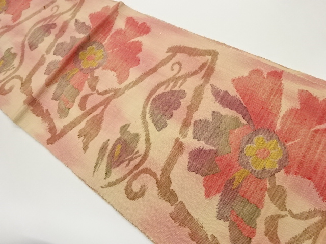 手織り紬草花に鳥模様織出し名古屋帯